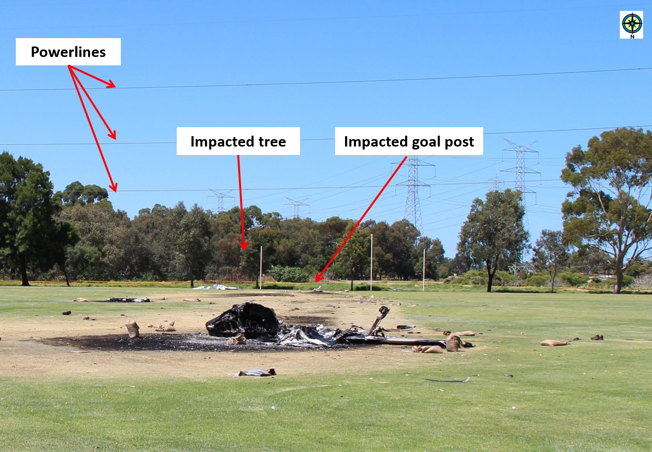 Figure 2: Three-strand powerline on late approach to the landing area and the impacted tree and goal post